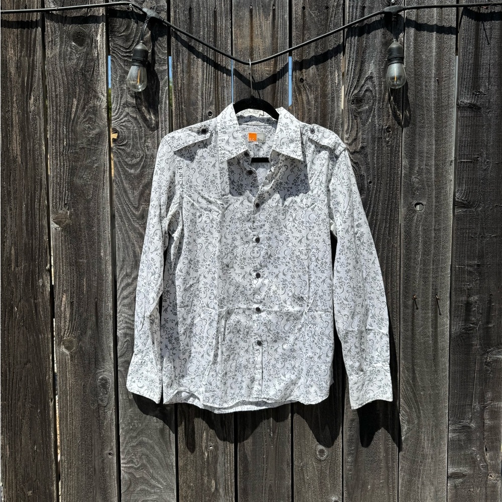 EZ by Zegna Black White Grey Floral Button-down Formal Work Dress shirt large